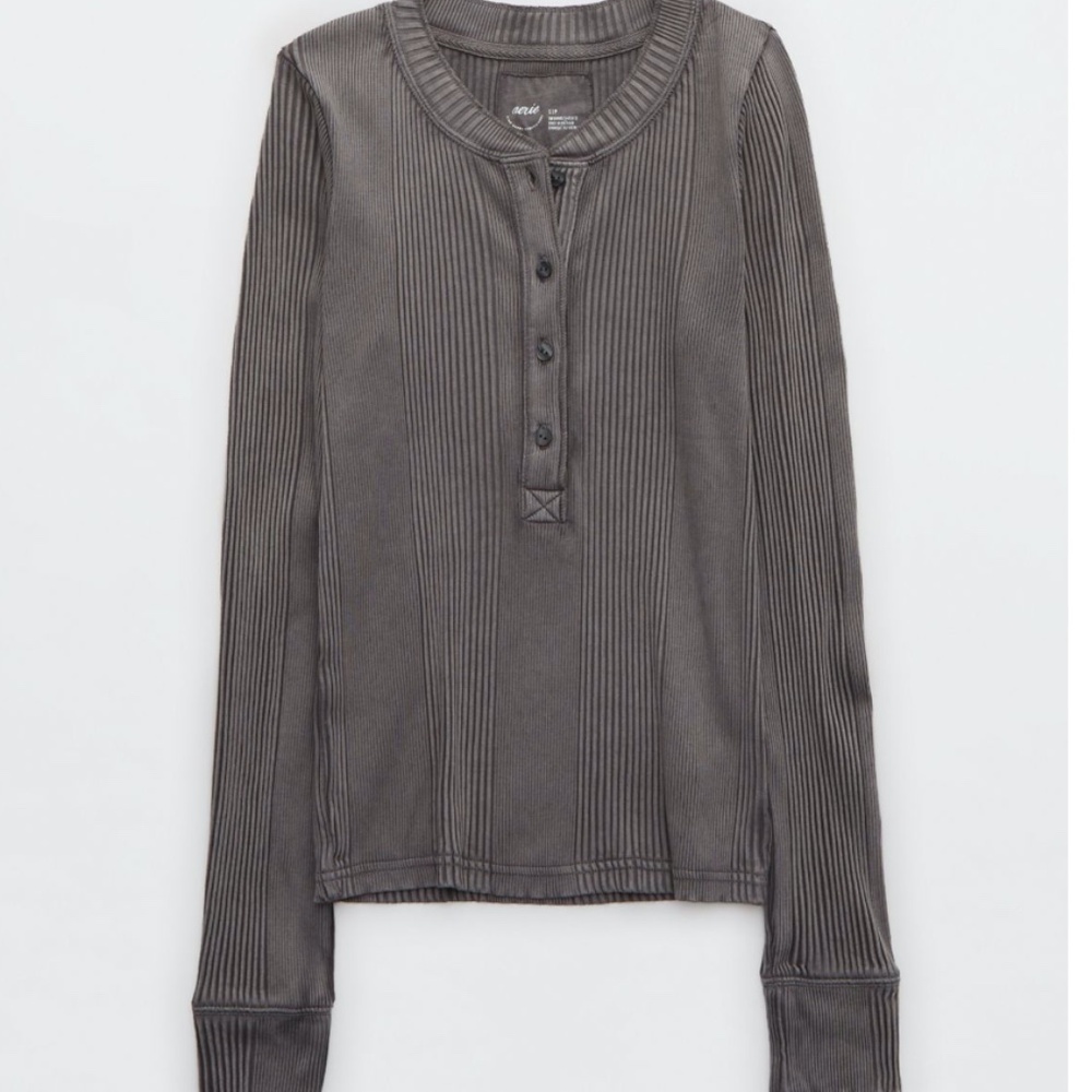 Aerie Road Trip Long Sleeve Henley T-Shirt (Charcoal Gray) - Size Large